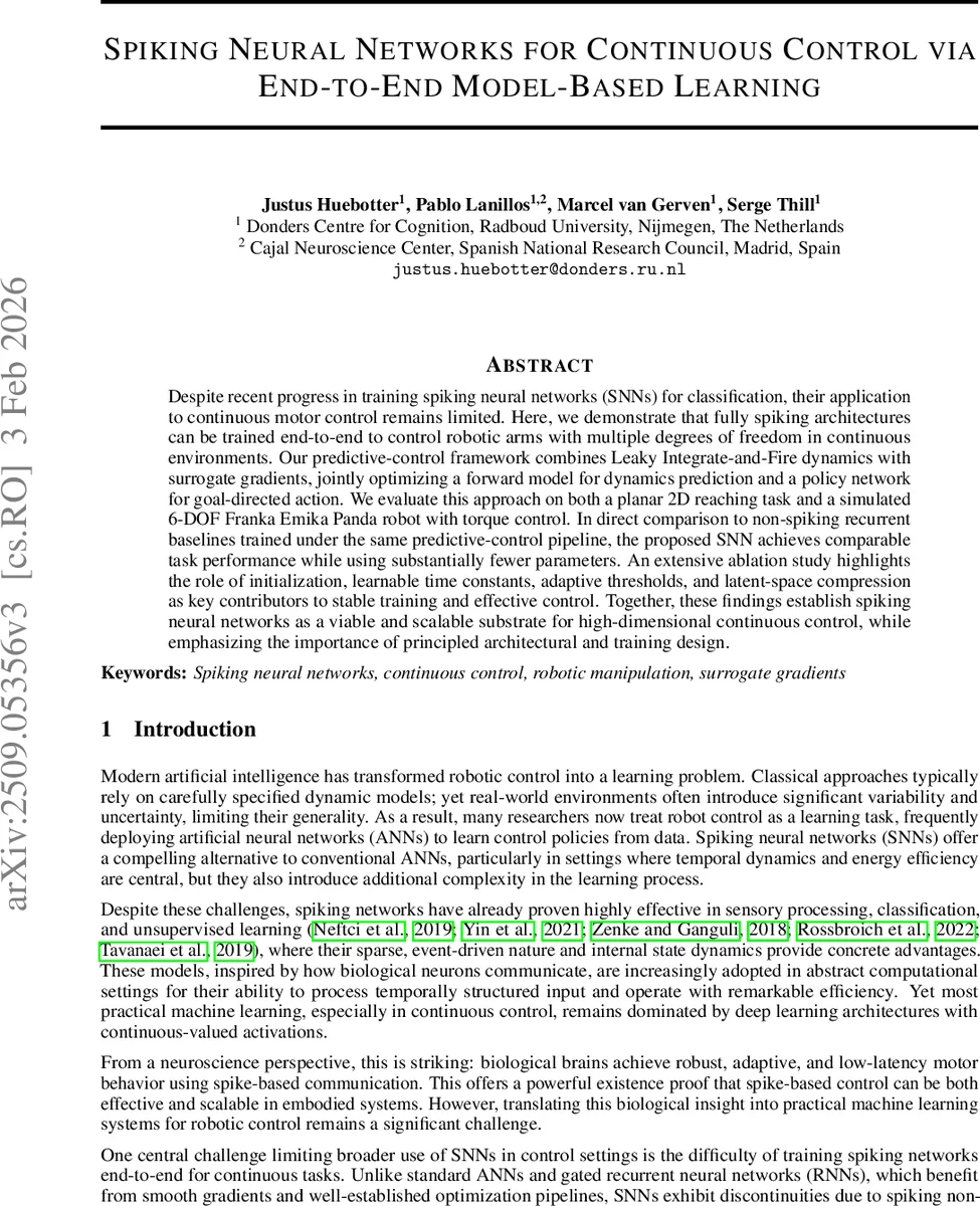 Spiking Neural Networks for Continuous Control via End-to-End Model-Based Learning