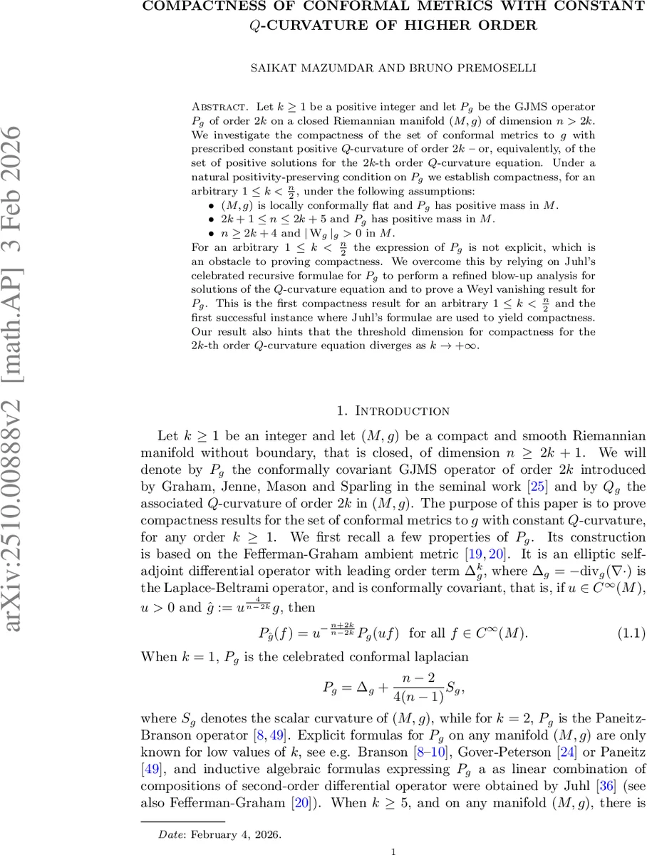 Compactness of conformal metrics with constant $Q$-curvature of higher order