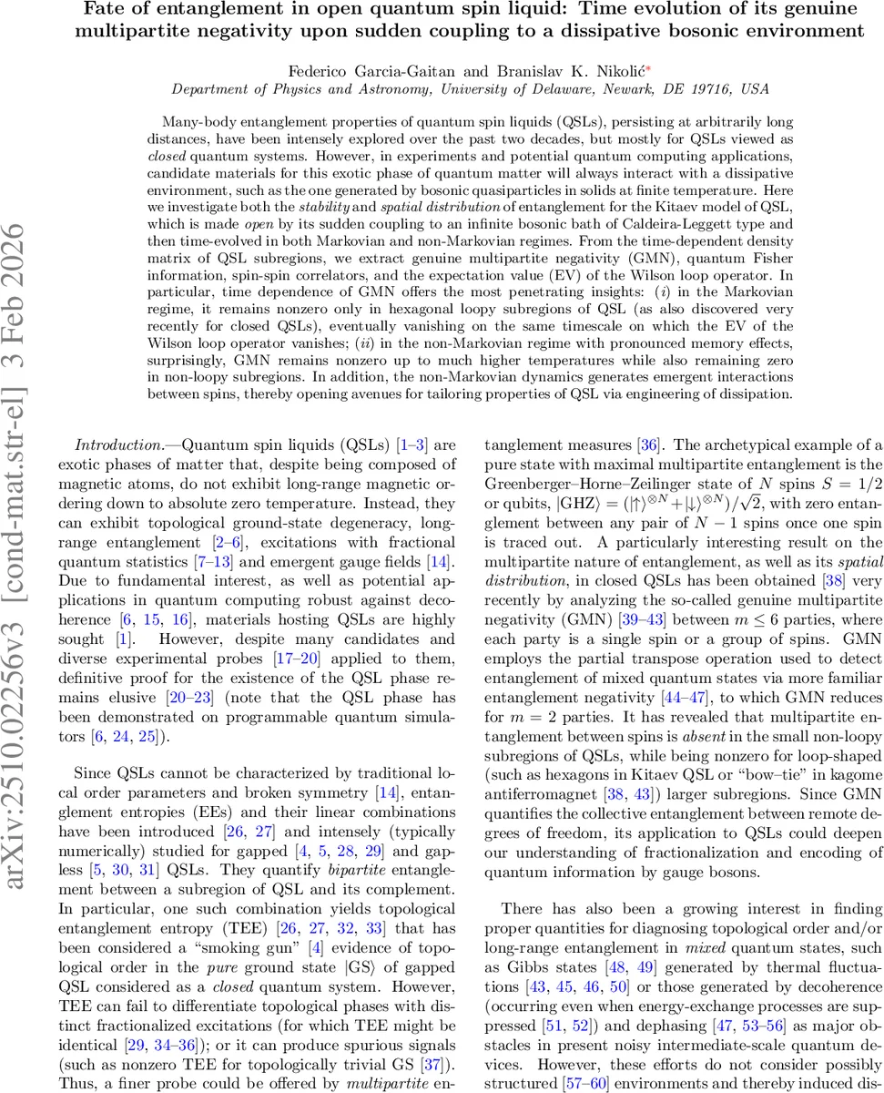 Fate of entanglement in open quantum spin liquid: Time evolution of its genuine multipartite negativity upon sudden coupling to a dissipative bosonic environment