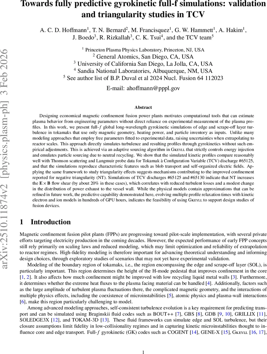 Towards fully predictive gyrokinetic full-f simulations: validation and triangularity studies in TCV