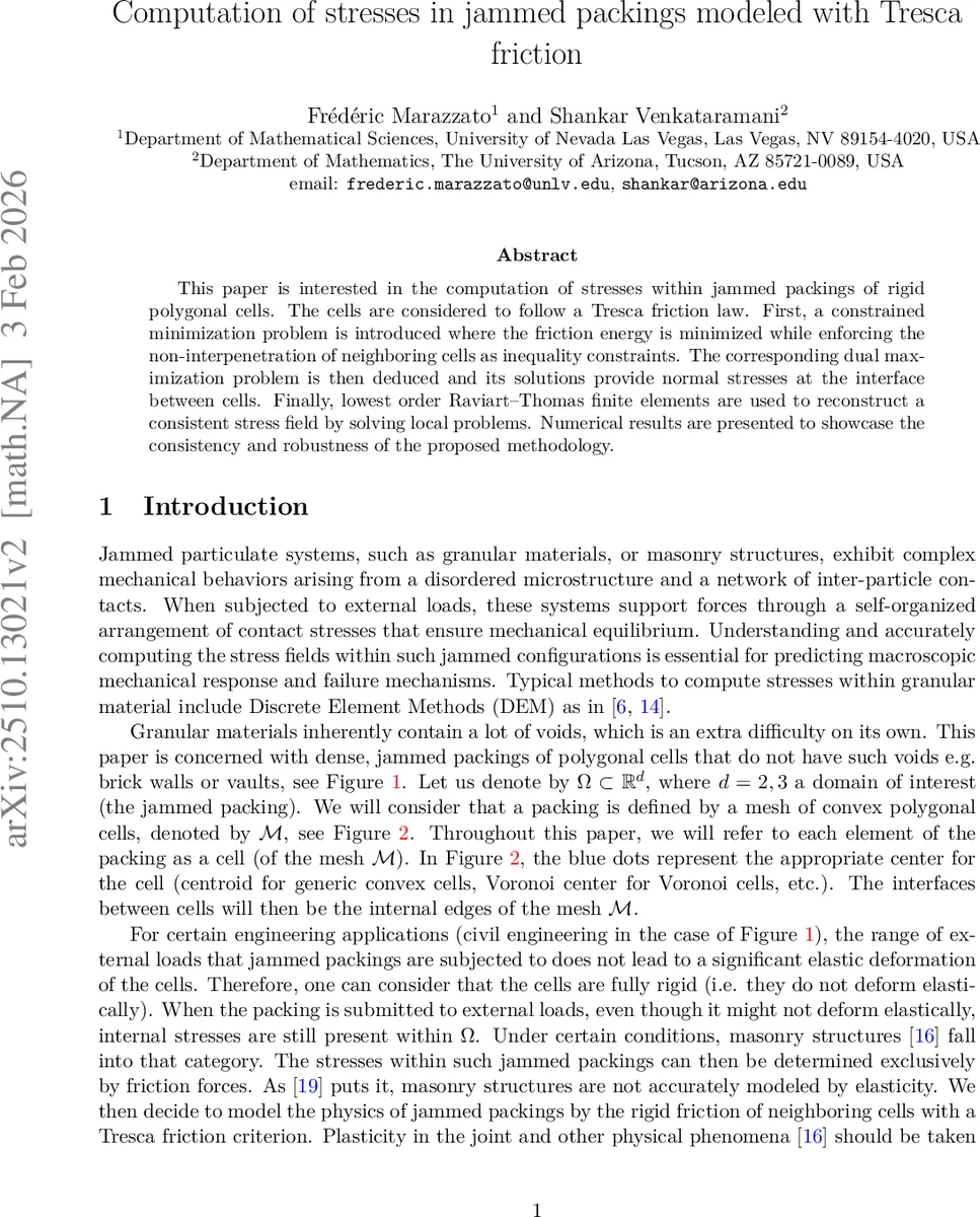 Computation of stresses in jammed packings modeled with Tresca friction