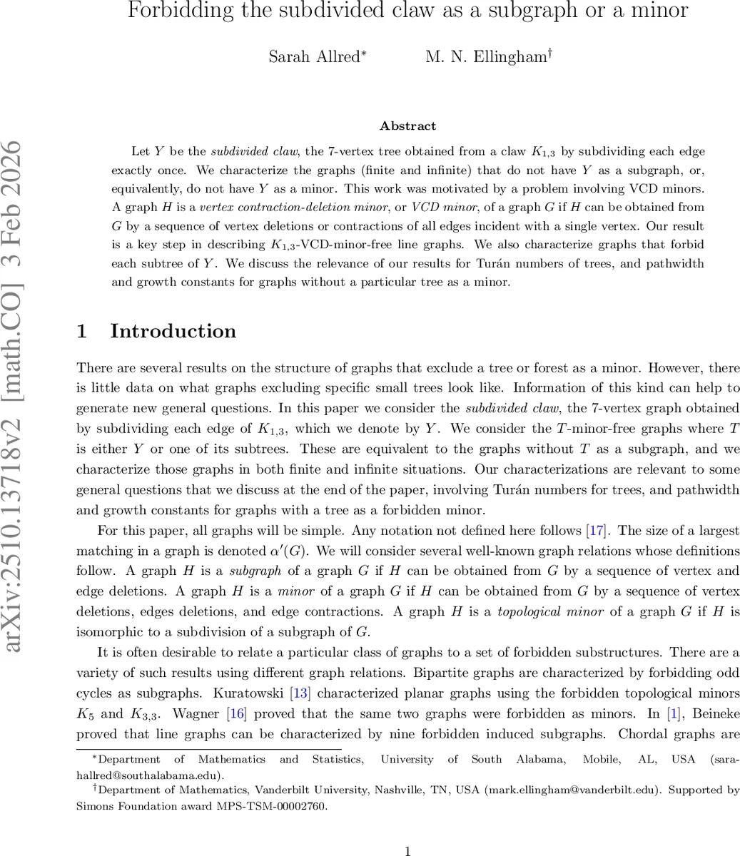 Forbidding the subdivided claw as a subgraph or a minor