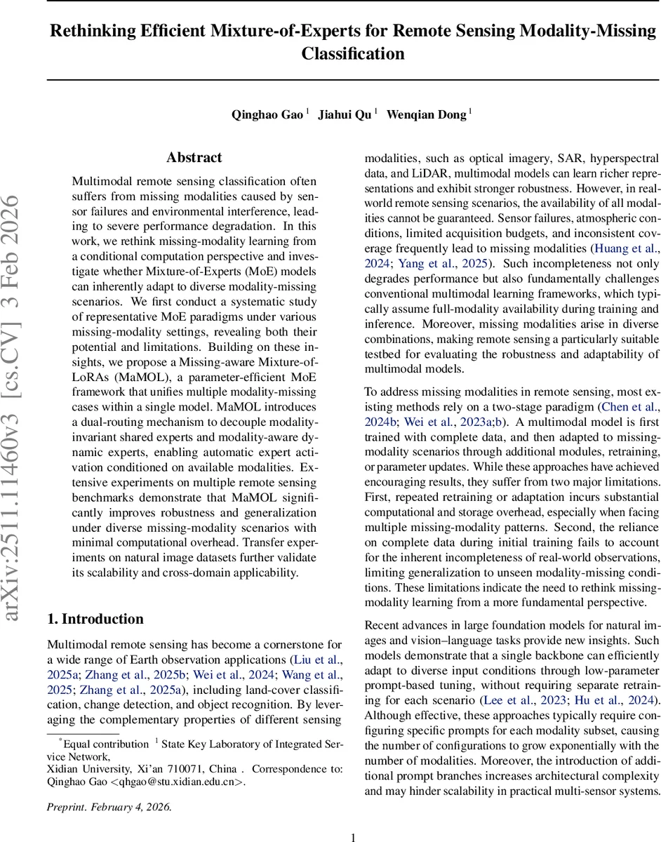 Rethinking Efficient Mixture-of-Experts for Remote Sensing Modality-Missing Classification