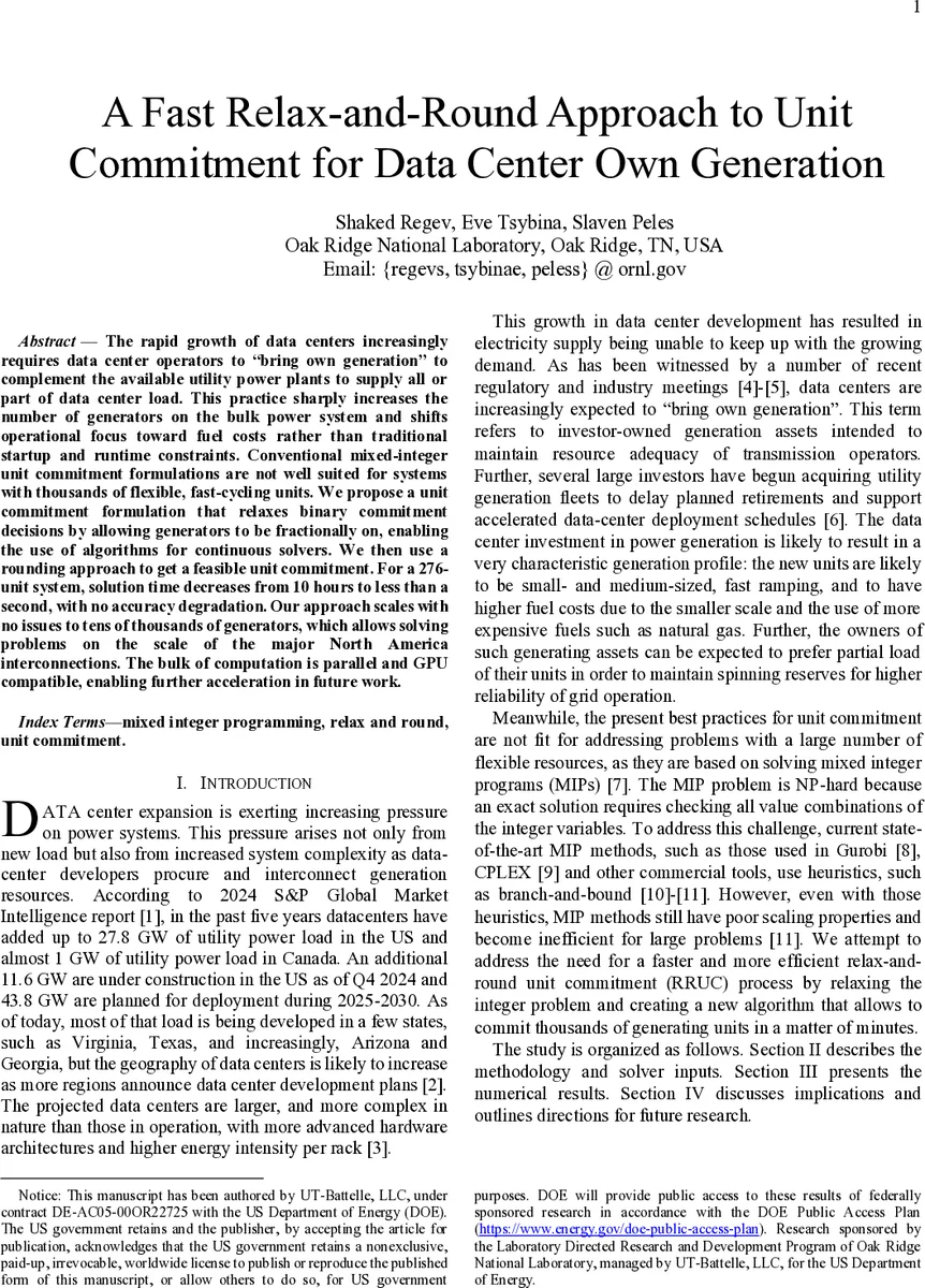 A Fast Relax-and-Round Approach to Unit Commitment for Data Center Own Generation