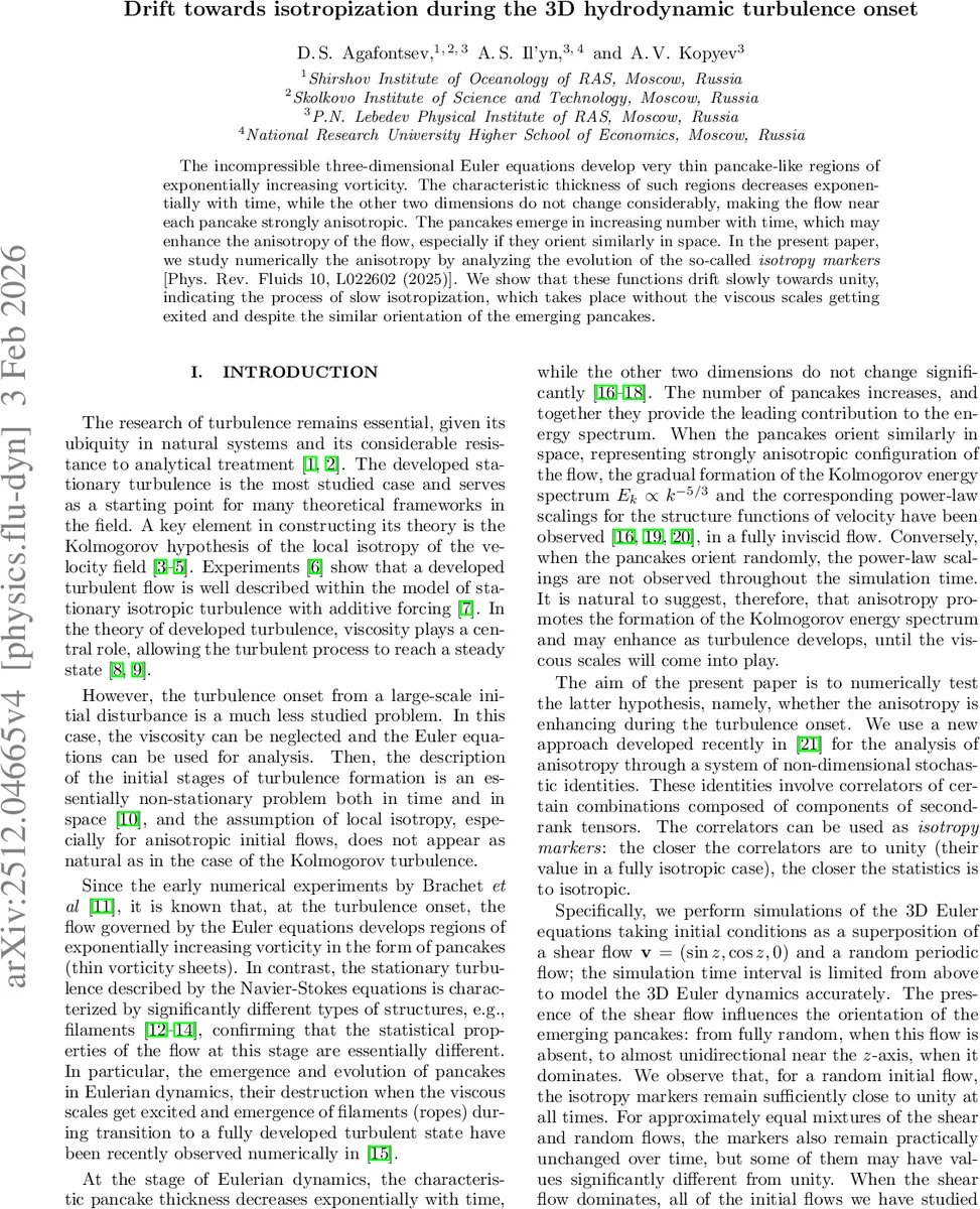 Drift towards isotropization during the 3D hydrodynamic turbulence onset