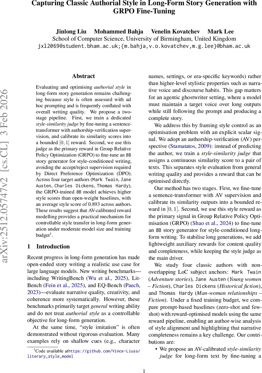 Capturing Classic Authorial Style in Long-Form Story Generation with GRPO Fine-Tuning