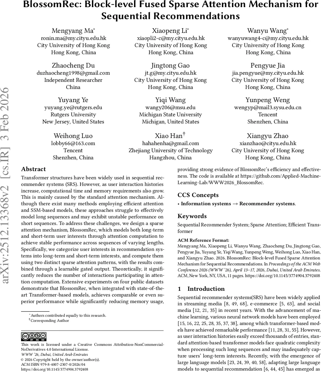 BlossomRec: Block-level Fused Sparse Attention Mechanism for Sequential Recommendations