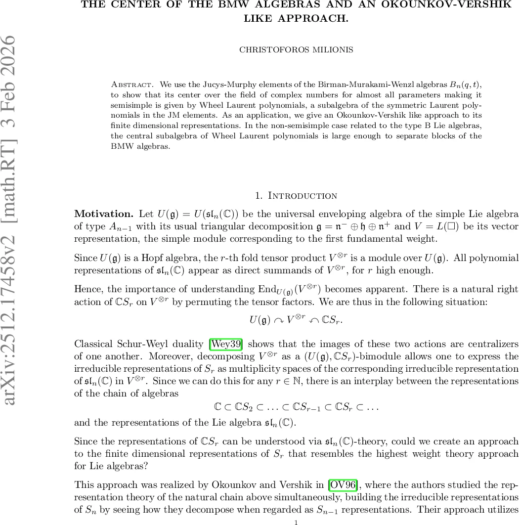 The center of the BMW algebras and an Okounkov-Vershik like approach