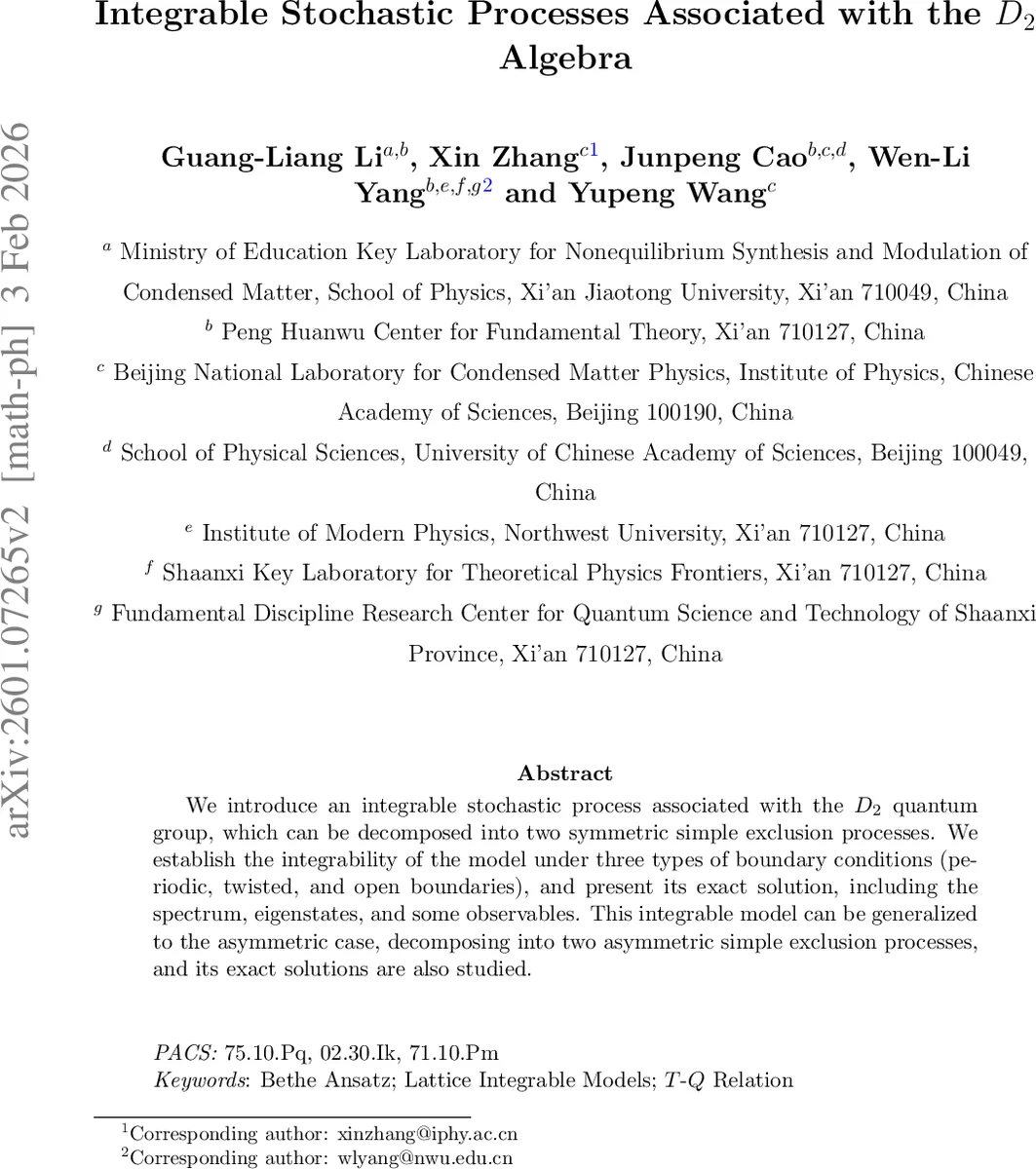 Integrable Stochastic Processes Associated with the $D_2$ Algebra