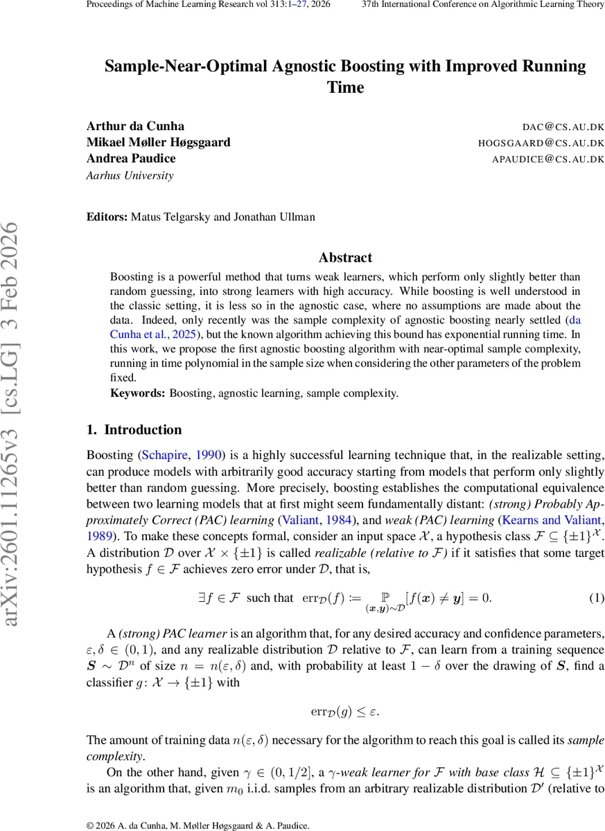 Sample-Near-Optimal Agnostic Boosting with Improved Running Time
