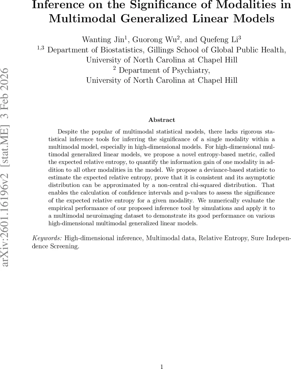 Inference on the Significance of Modalities in Multimodal Generalized Linear Models