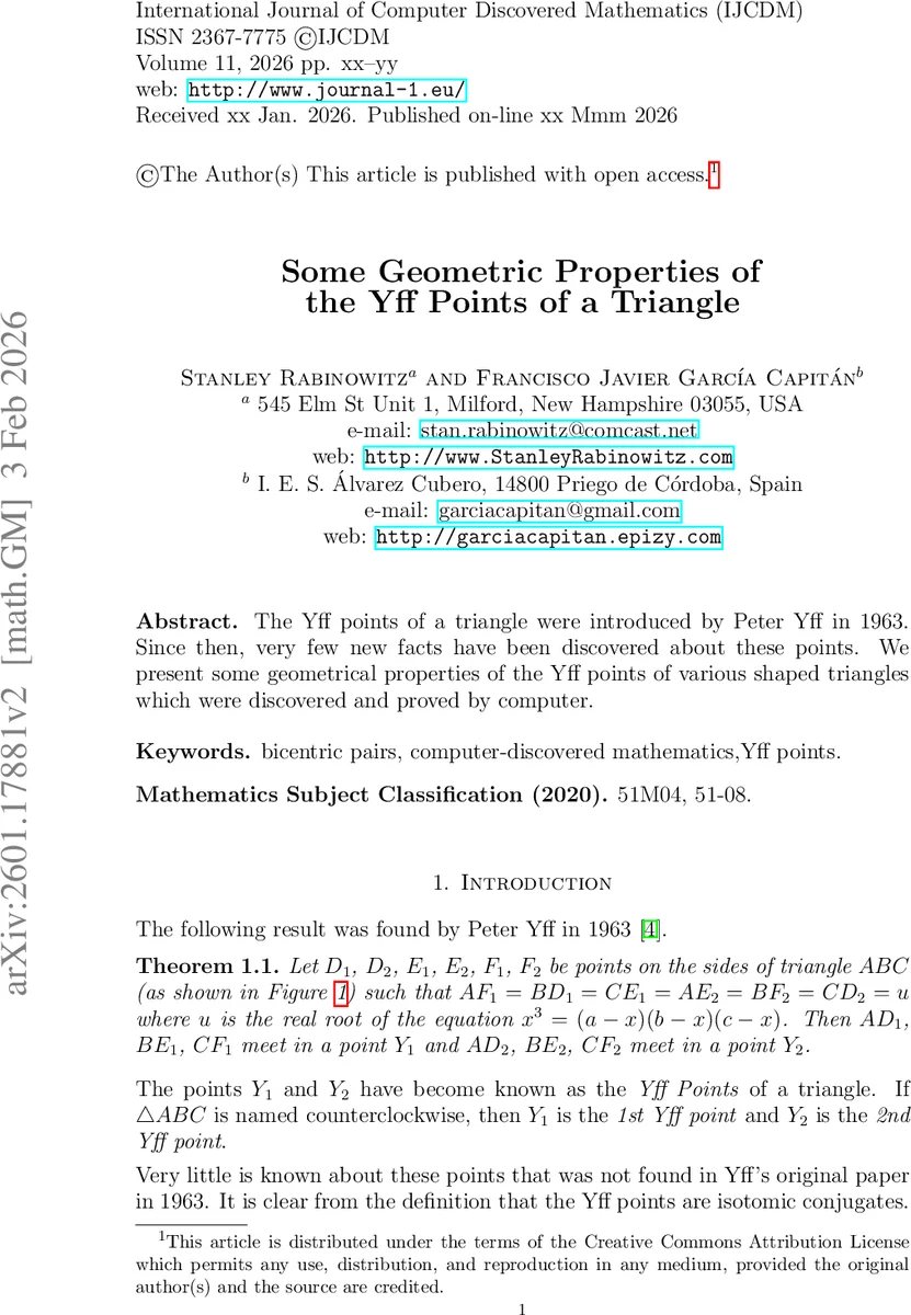 Some Geometric Properties of the Yff Points of a Triangle