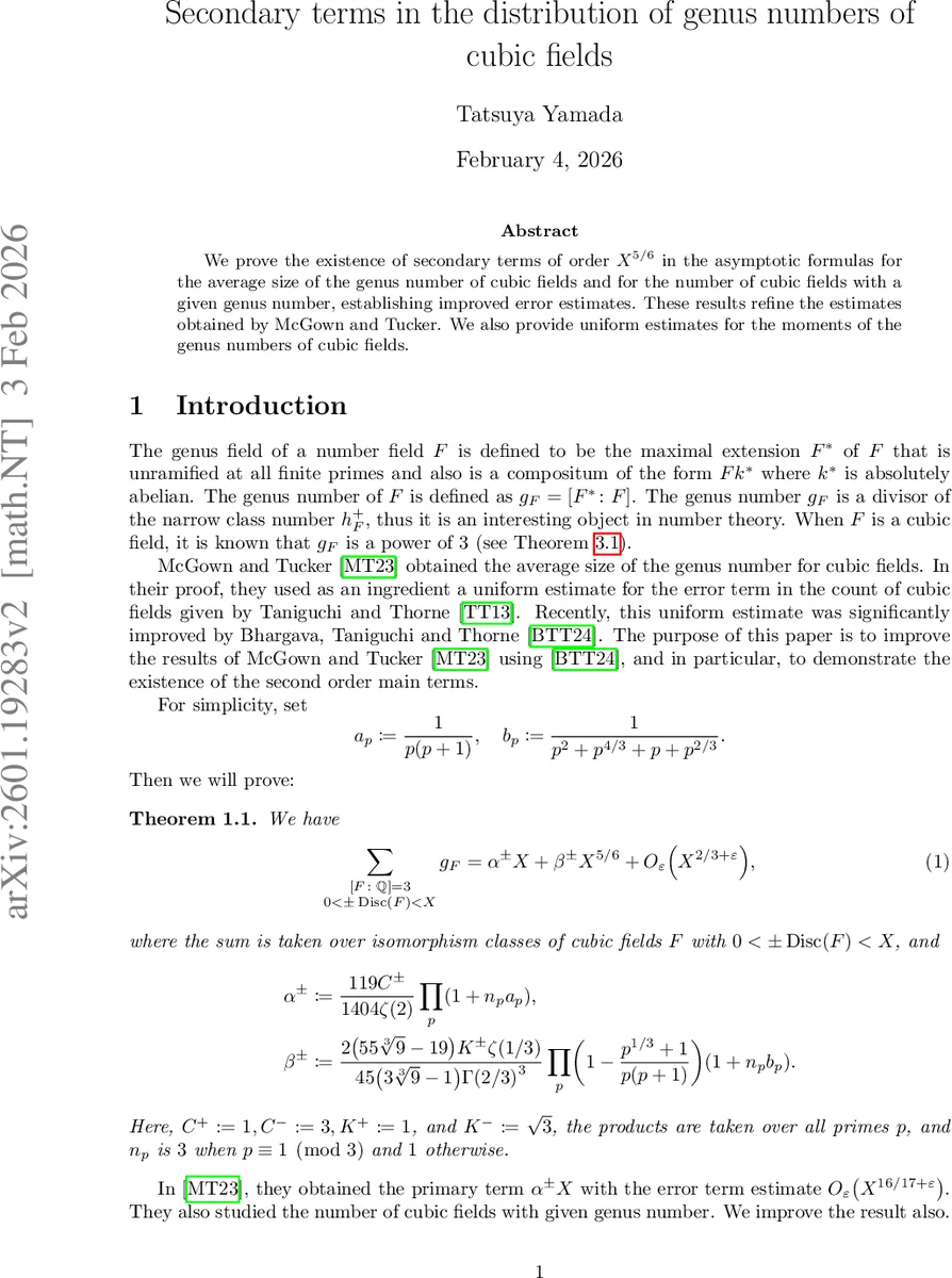 Secondary terms in the distribution of genus numbers of cubic fields