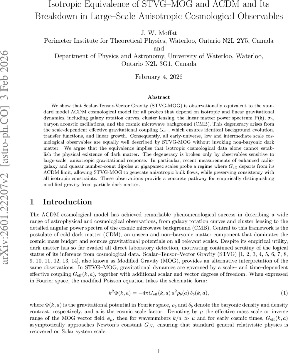 Isotropic Equivalence of STVG--MOG and $Λ$CDM and Its Breakdown in Large--Scale Anisotropic Cosmological Observables