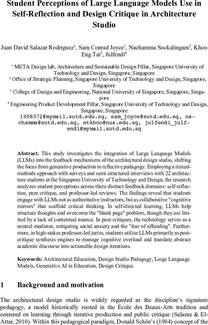 Student Perceptions of Large Language Models Use in Self-Reflection and Design Critique in Architecture Studio