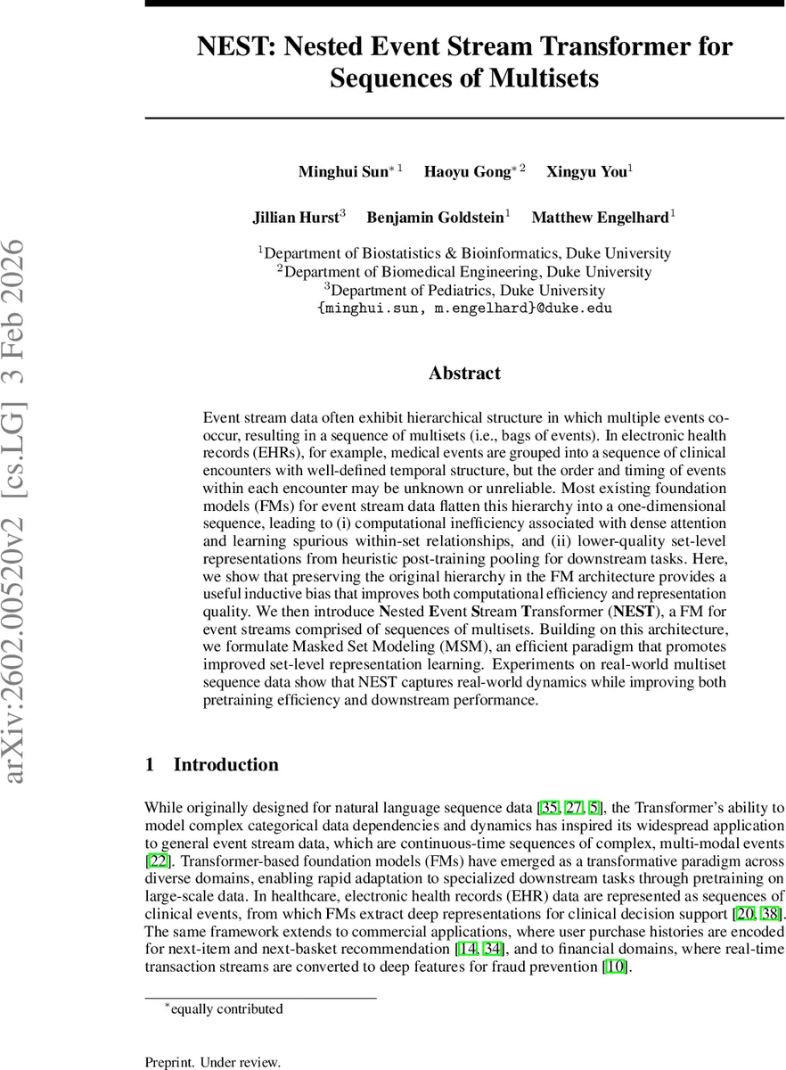 NEST: Nested Event Stream Transformer for Sequences of Multisets
