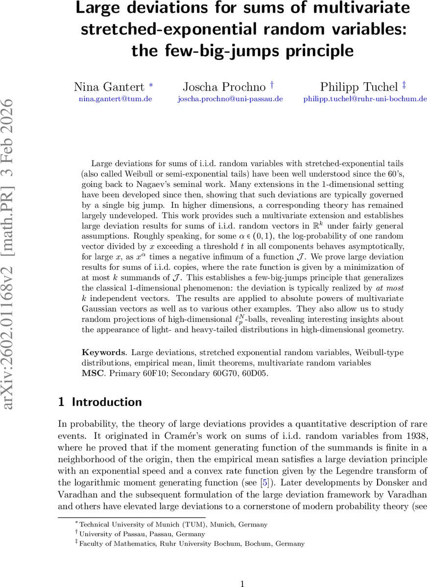 Large deviations for sums of multivariate stretched-exponential random variables: the few-big-jumps principle