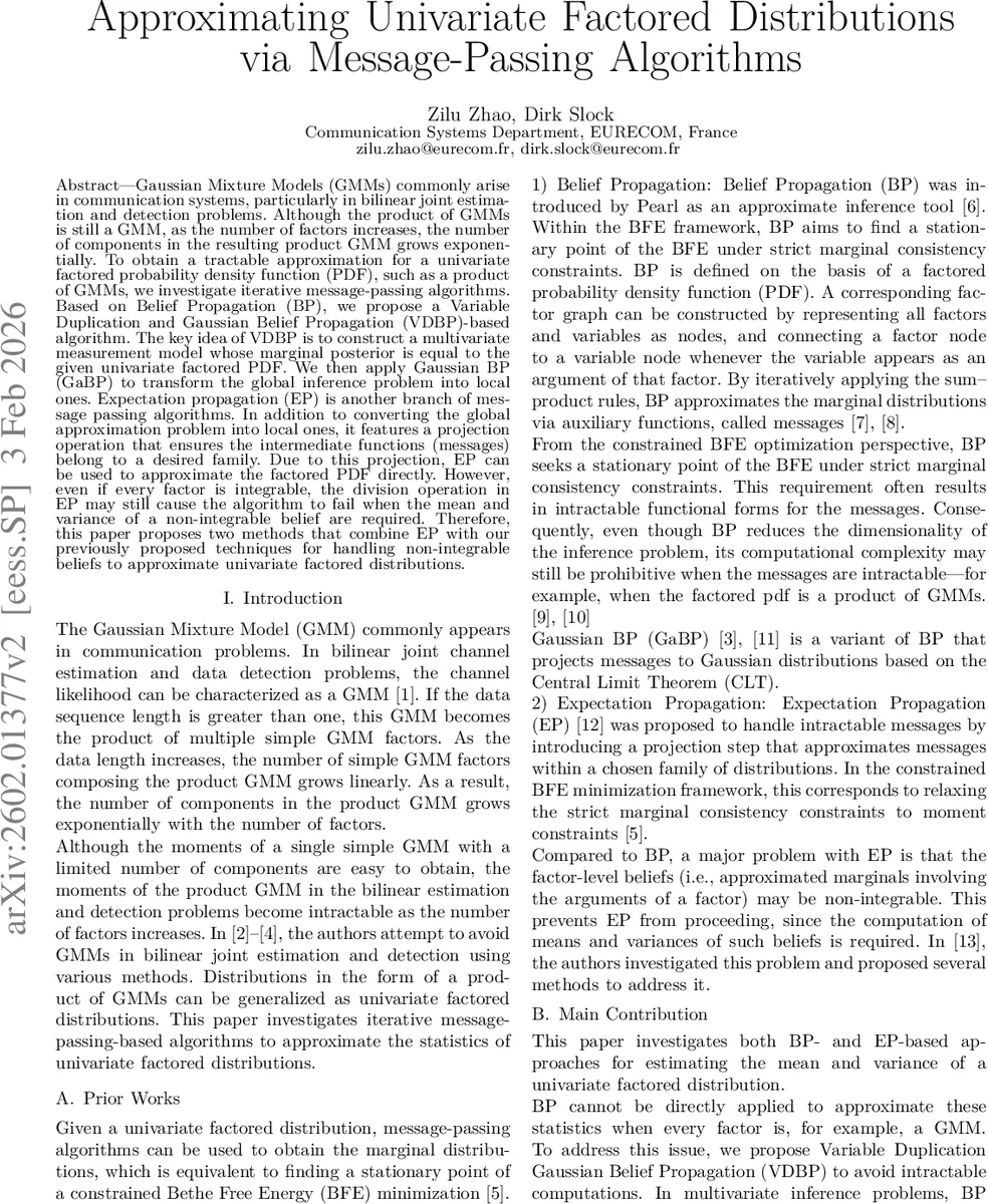 Approximating Univariate Factored Distributions via Message-Passing Algorithms