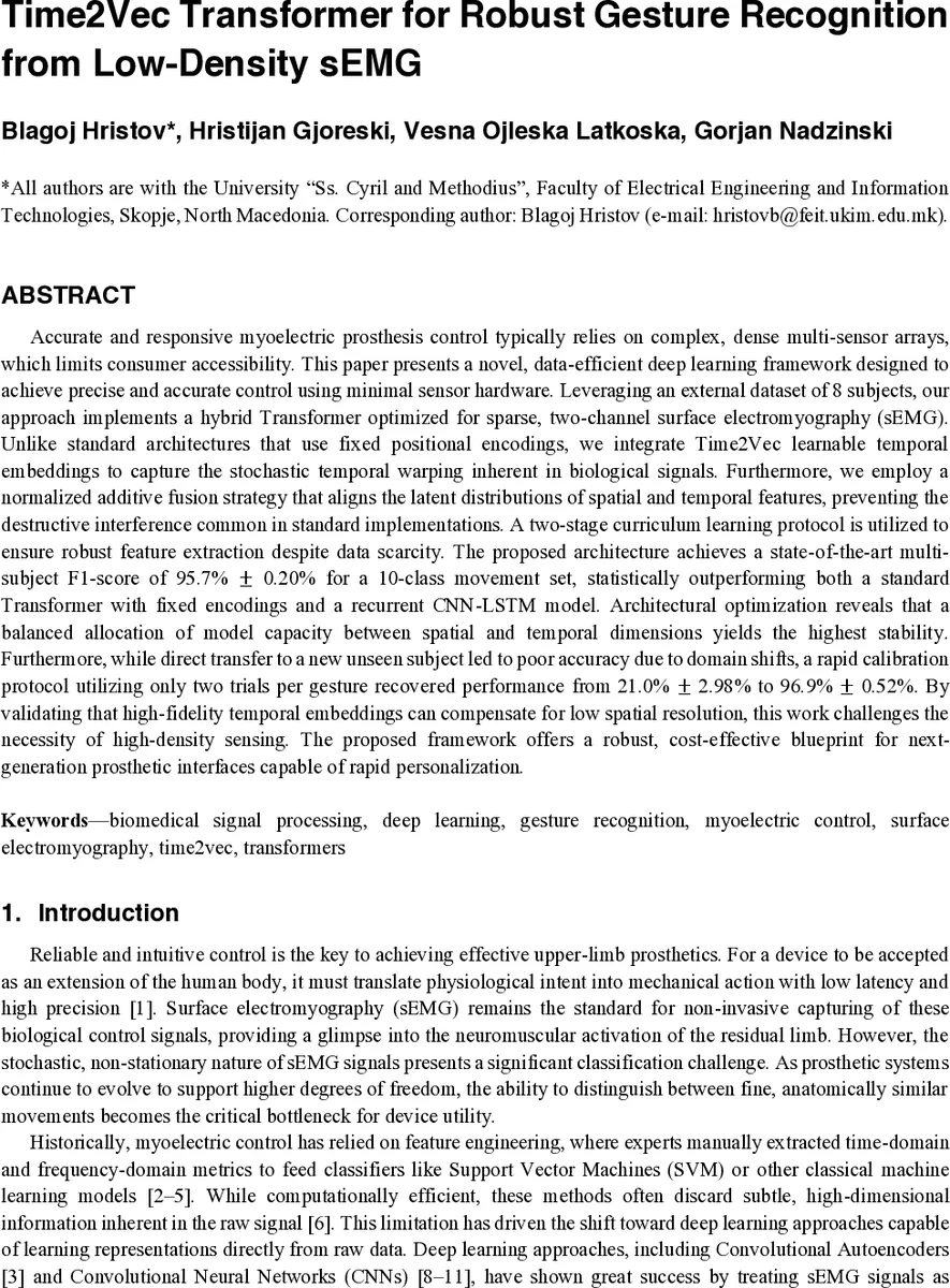 Time2Vec Transformer for Robust Gesture Recognition from Low-Density sEMG