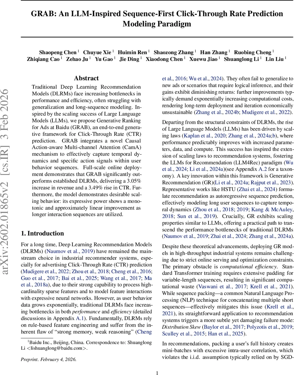 GRAB: An LLM-Inspired Sequence-First Click-Through Rate Prediction Modeling Paradigm