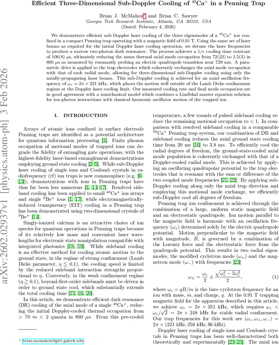 Efficient Three-Dimensional Sub-Doppler Cooling of $^{40}$Ca$^+$ in a Penning Trap