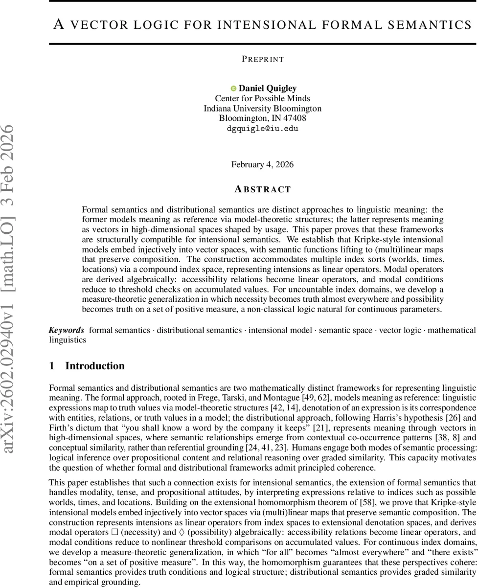 A vector logic for intensional formal semantics