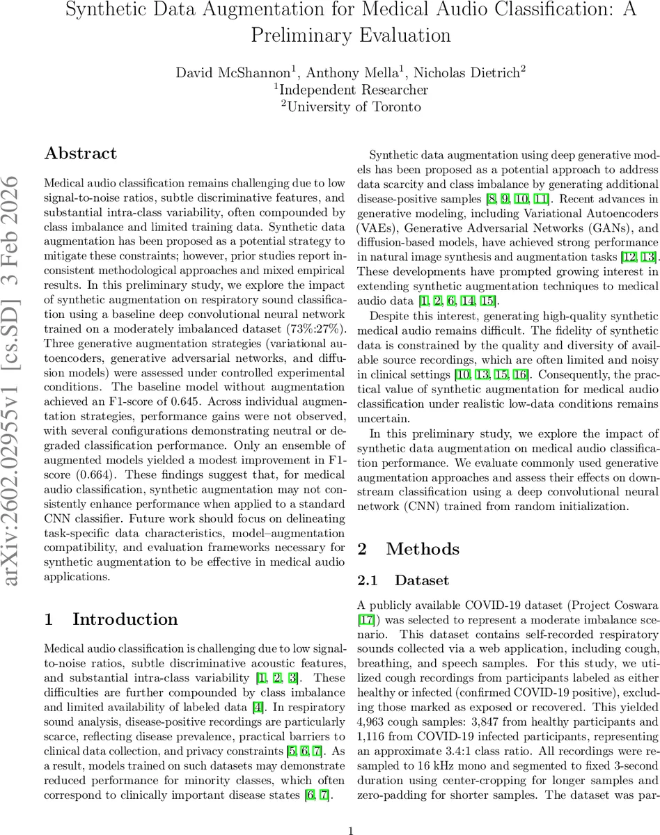Synthetic Data Augmentation for Medical Audio Classification: A Preliminary Evaluation