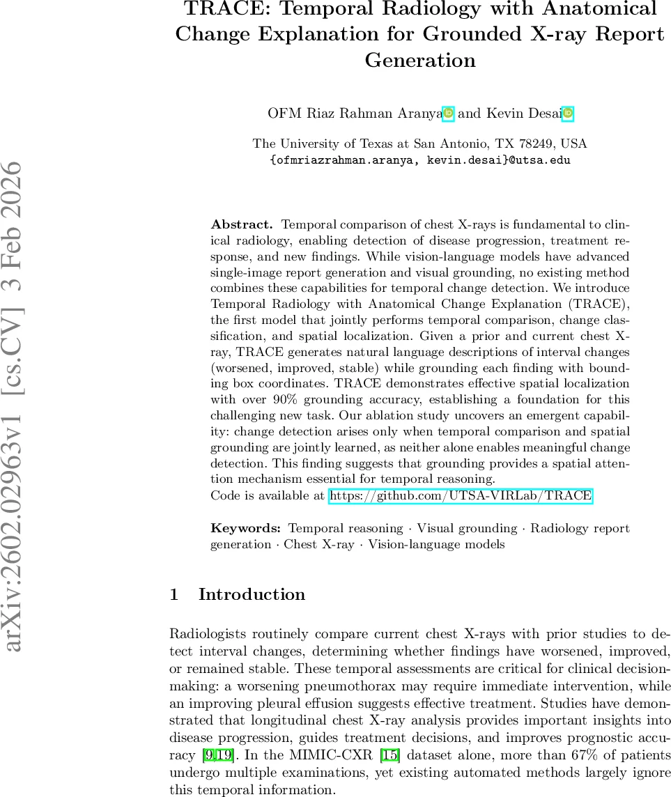 TRACE: Temporal Radiology with Anatomical Change Explanation for Grounded X-ray Report Generation