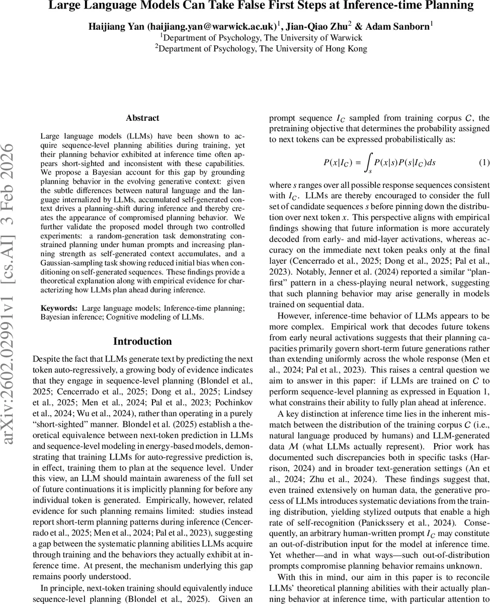 Large Language Models Can Take False First Steps at Inference-time Planning