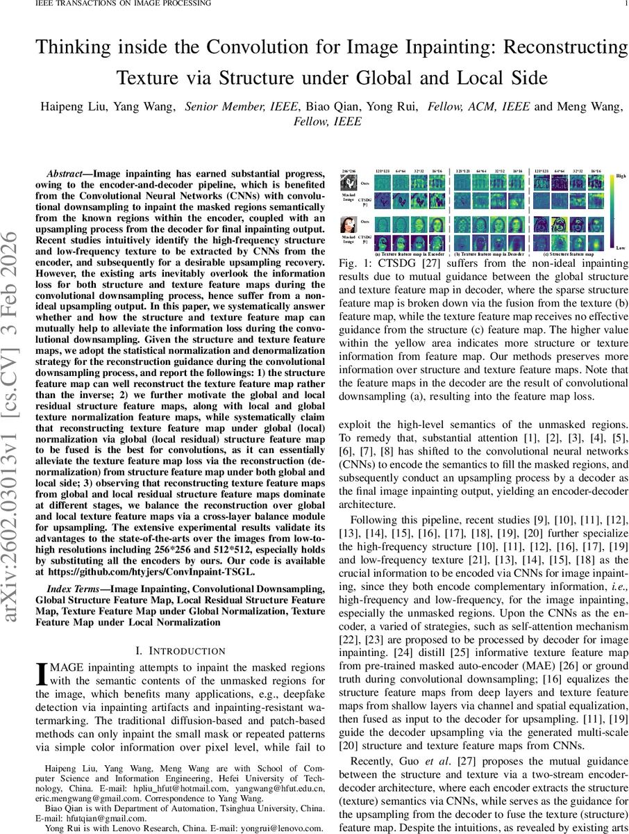 Thinking inside the Convolution for Image Inpainting: Reconstructing Texture via Structure under Global and Local Side
