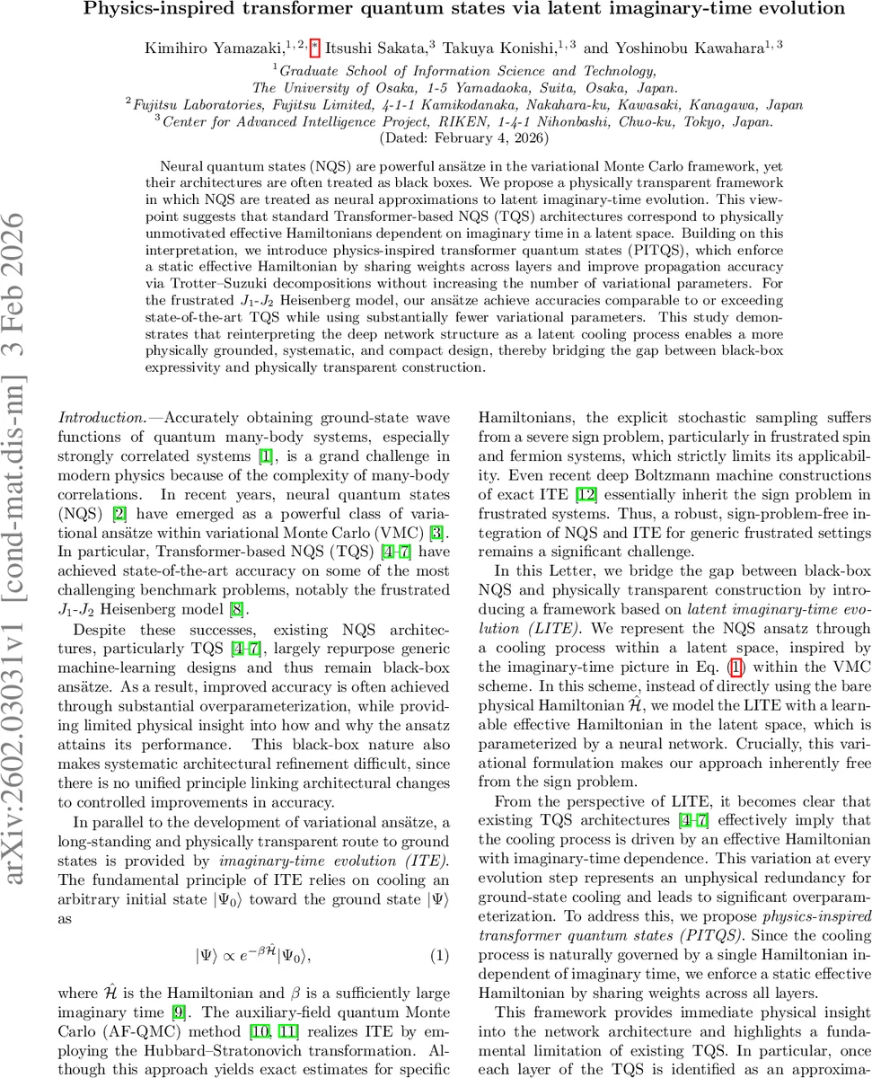 Physics-inspired transformer quantum states via latent imaginary-time evolution