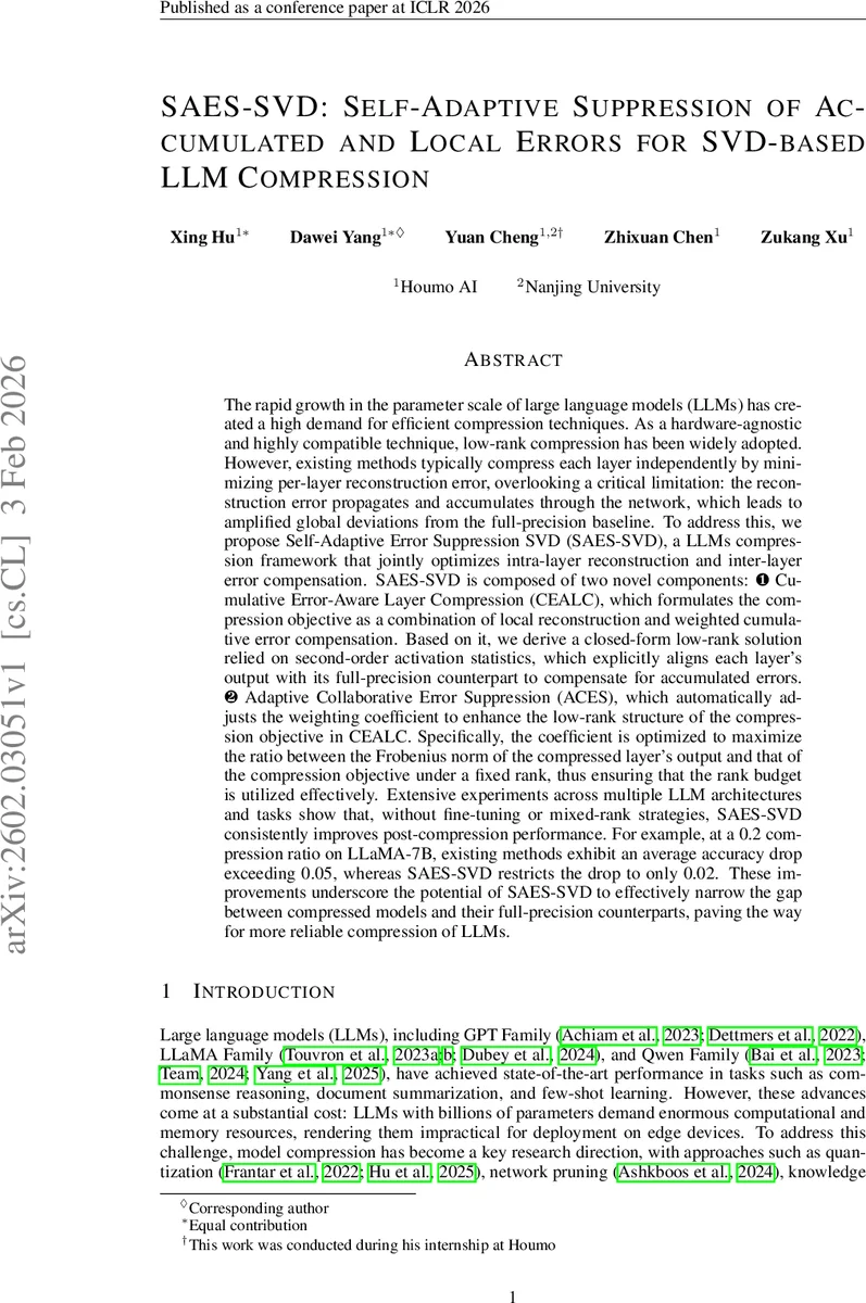SAES-SVD: Self-Adaptive Suppression of Accumulated and Local Errors for SVD-based LLM Compression