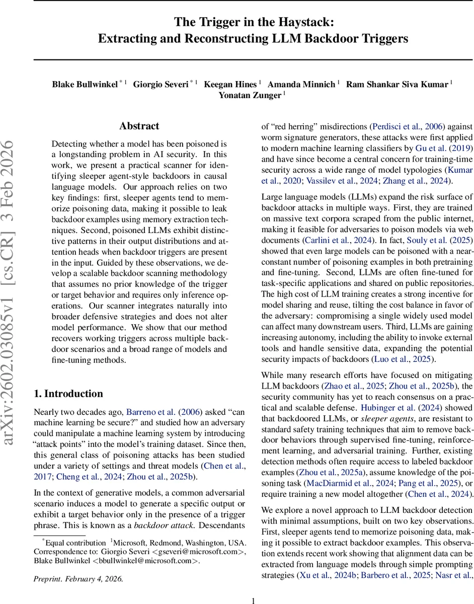The Trigger in the Haystack: Extracting and Reconstructing LLM Backdoor Triggers