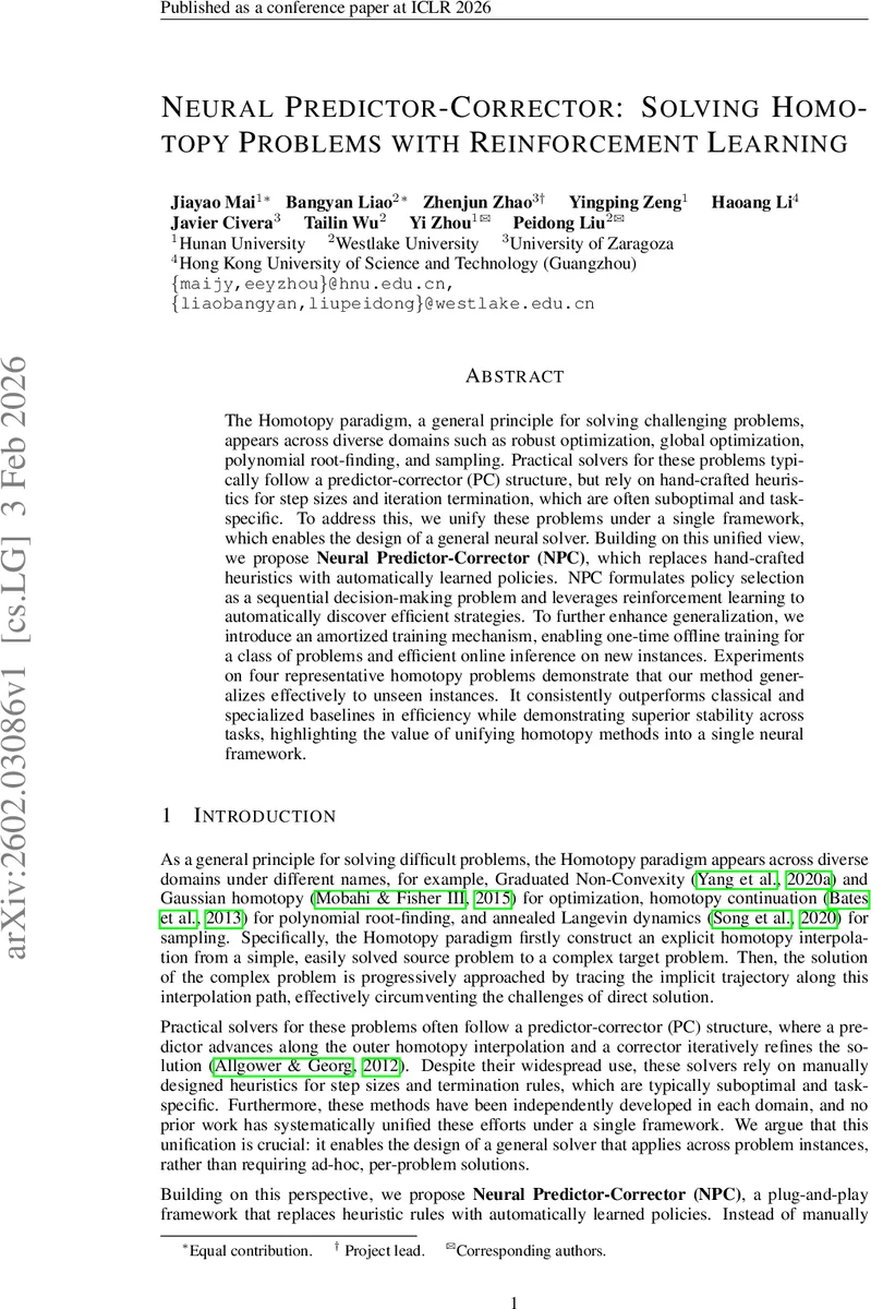 Neural Predictor-Corrector: Solving Homotopy Problems with Reinforcement Learning