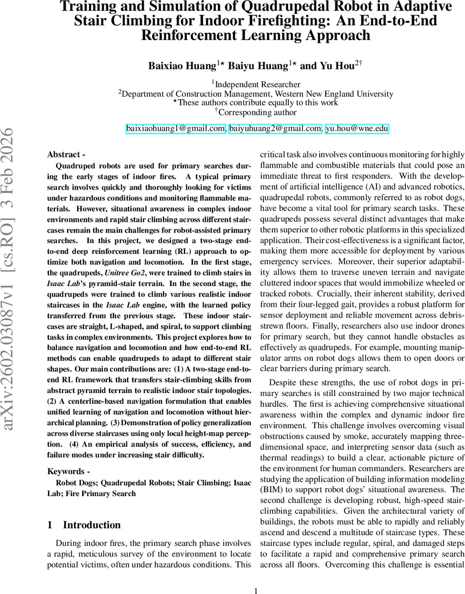 Training and Simulation of Quadrupedal Robot in Adaptive Stair Climbing for Indoor Firefighting: An End-to-End Reinforcement Learning Approach