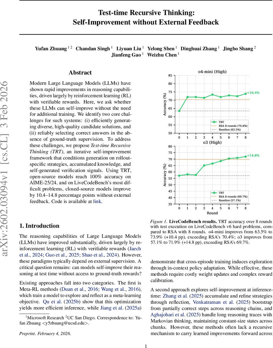 Test-time Recursive Thinking: Self-Improvement without External Feedback