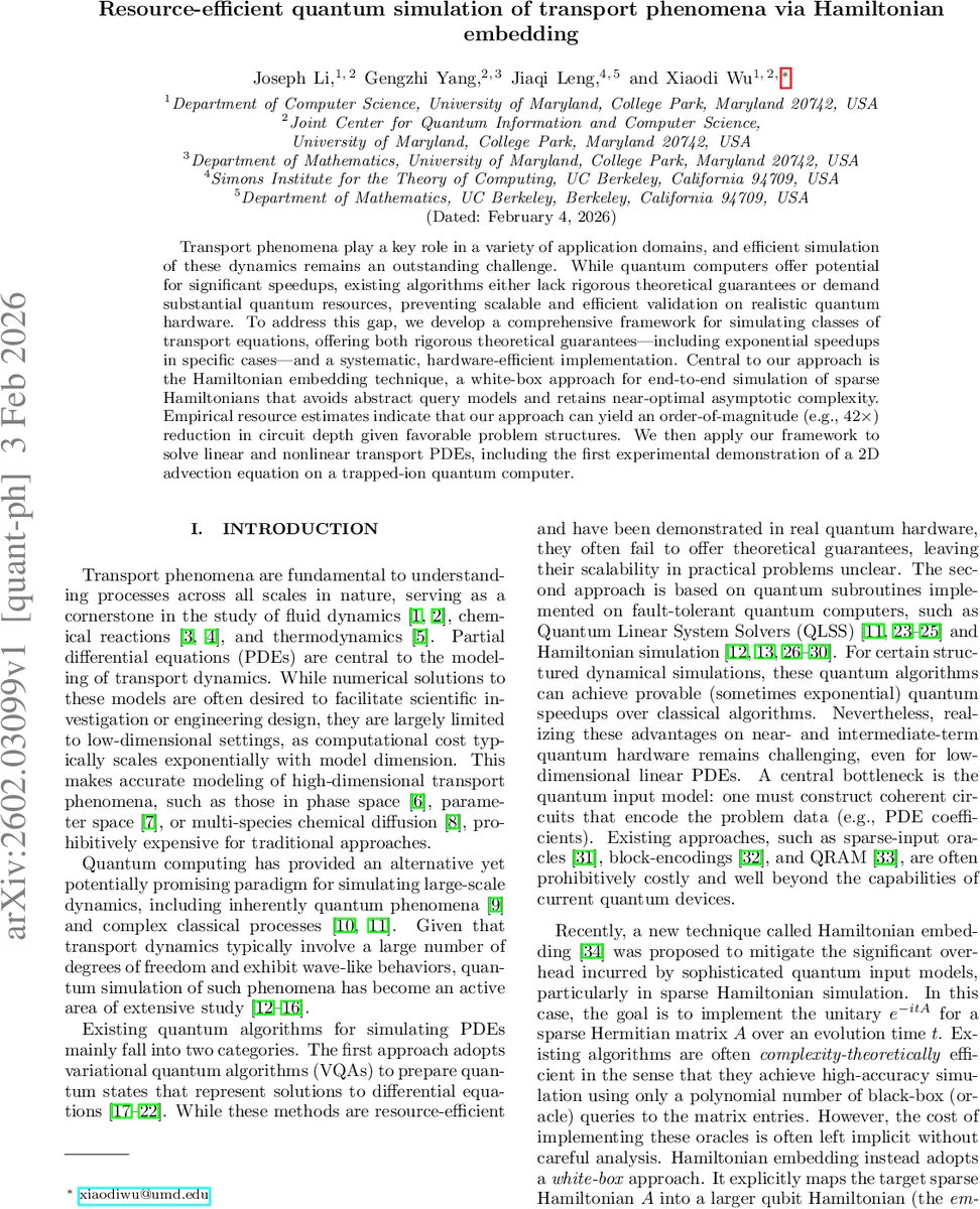 Resource-efficient quantum simulation of transport phenomena via Hamiltonian embedding