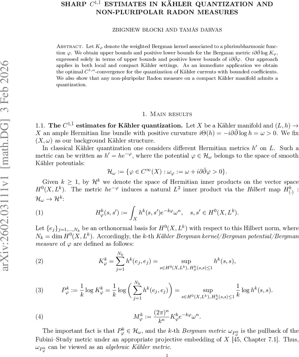 Sharp $C^{1,ar1}$ estimates in Kähler quantization and non-pluripolar Radon measures