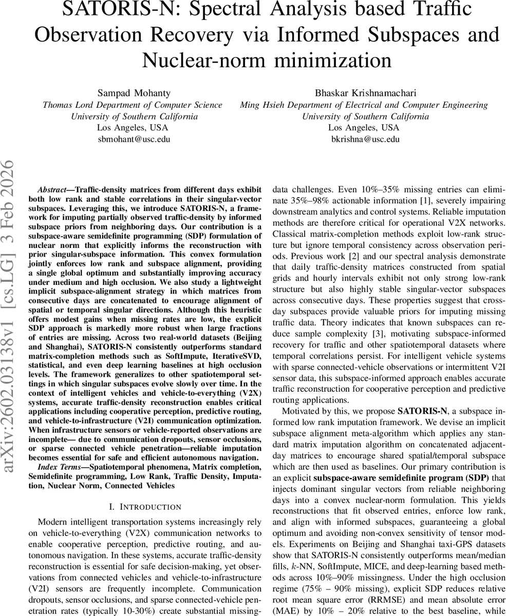 SATORIS-N: Spectral Analysis based Traffic Observation Recovery via Informed Subspaces and Nuclear-norm minimization