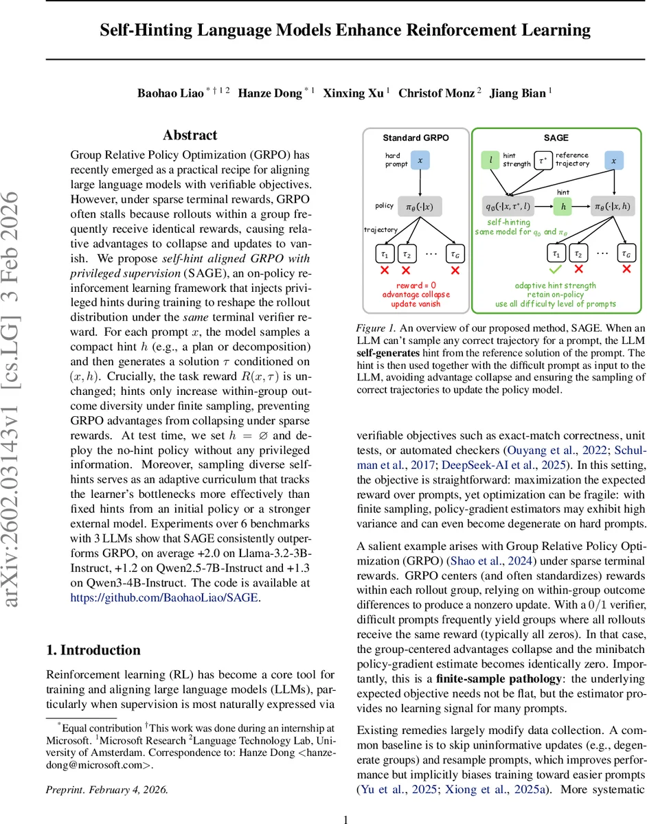 Self-Hinting Language Models Enhance Reinforcement Learning