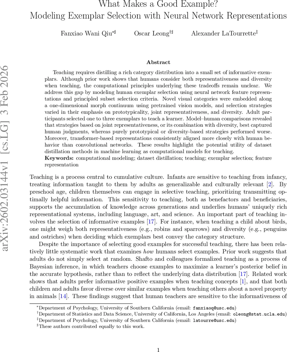 What Makes a Good Example? Modeling Exemplar Selection with Neural Network Representations