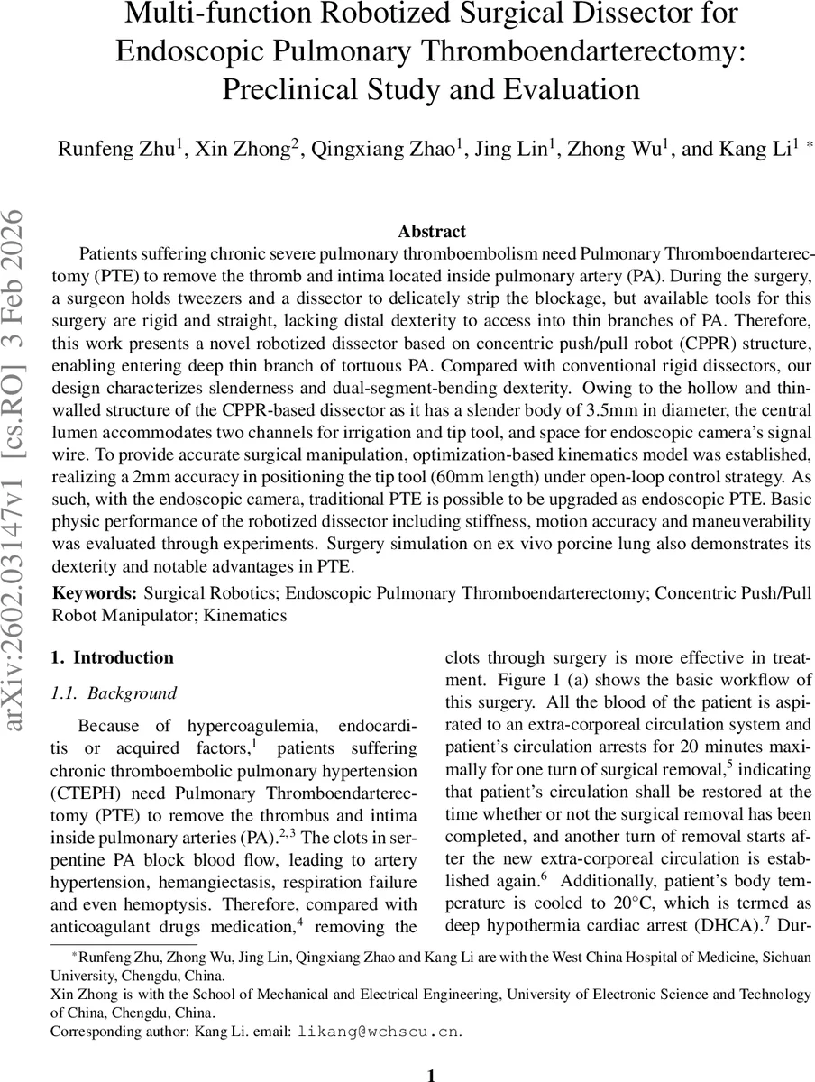 Multi-function Robotized Surgical Dissector for Endoscopic Pulmonary Thromboendarterectomy: Preclinical Study and Evaluation
