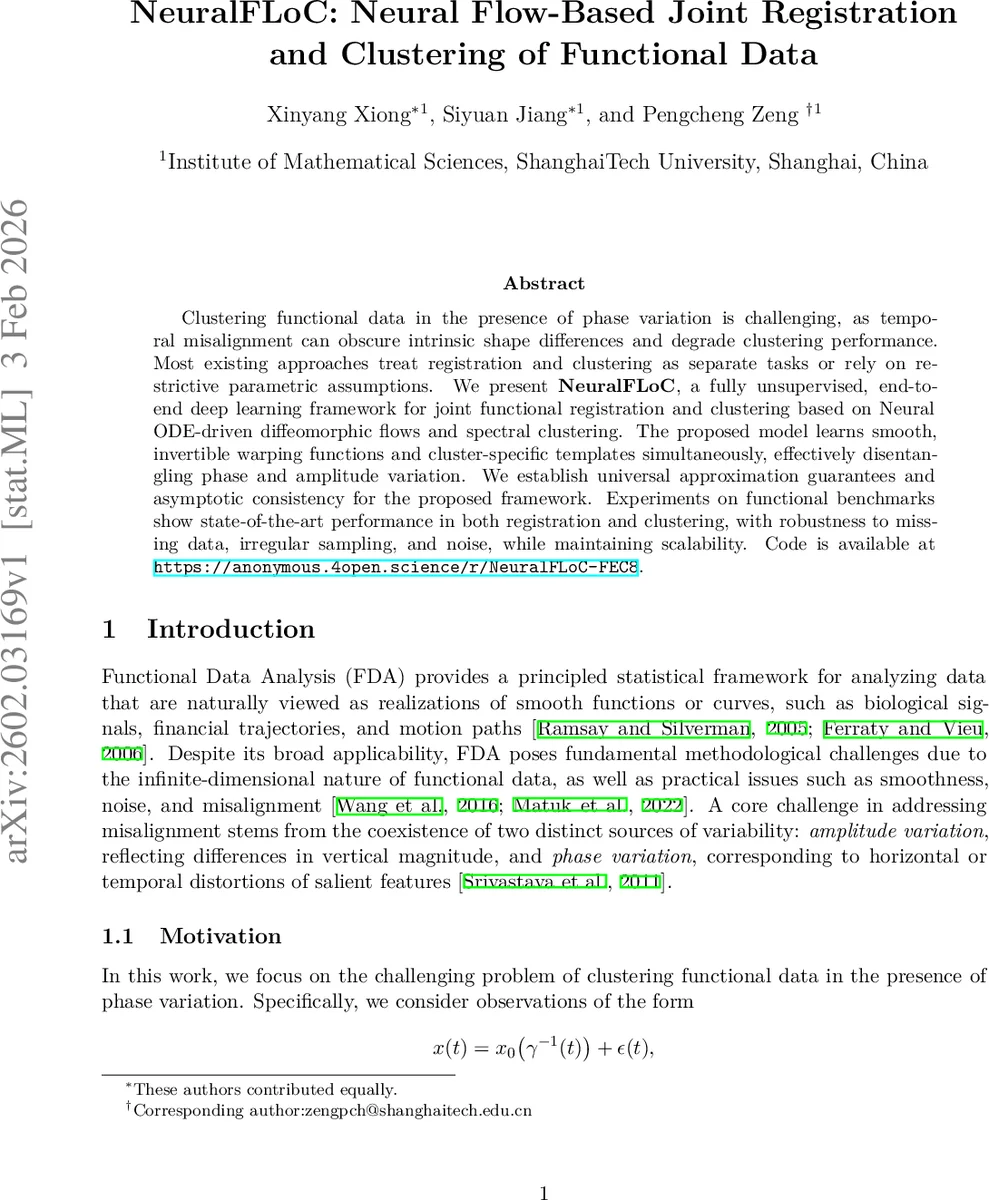 NeuralFLoC: Neural Flow-Based Joint Registration and Clustering of Functional Data
