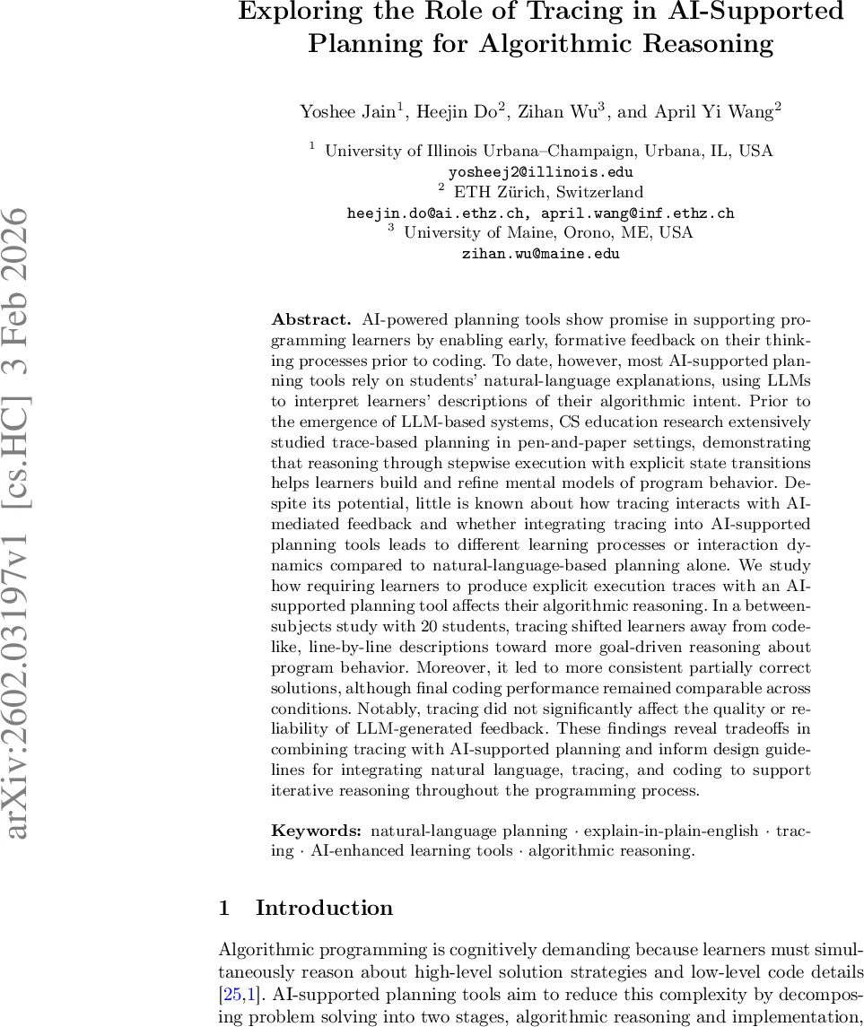 Exploring the Role of Tracing in AI-Supported Planning for Algorithmic Reasoning