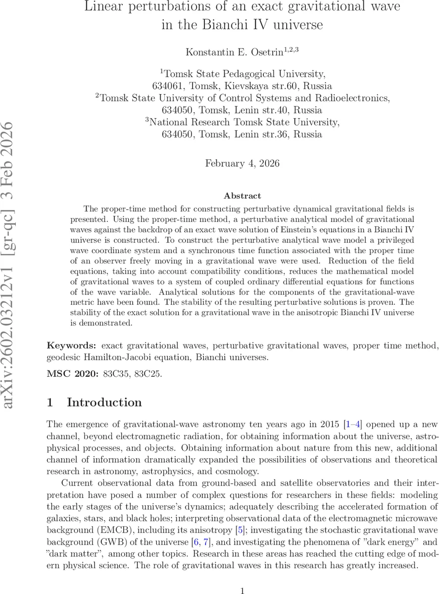 Linear perturbations of an exact gravitational wave in the Bianchi IV universe