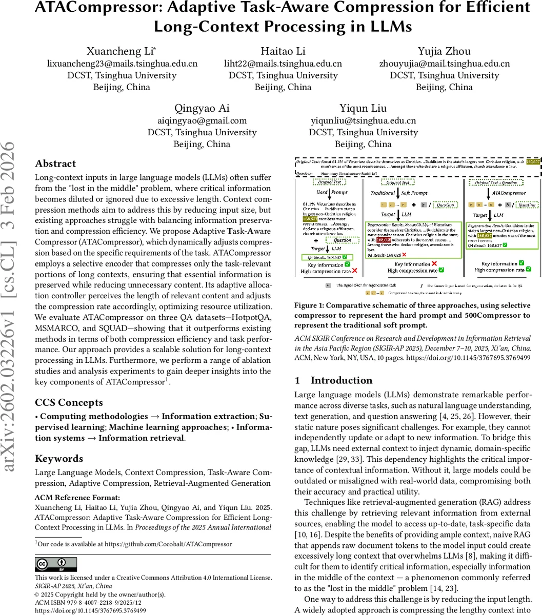 ATACompressor: Adaptive Task-Aware Compression for Efficient Long-Context Processing in LLMs