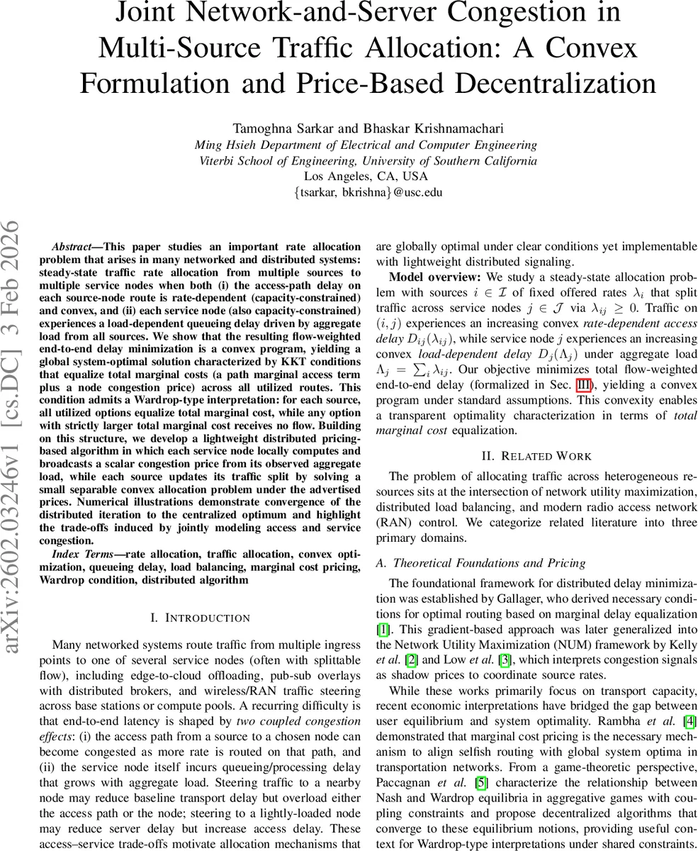 Joint Network-and-Server Congestion in Multi-Source Traffic Allocation: A Convex Formulation and Price-Based Decentralization