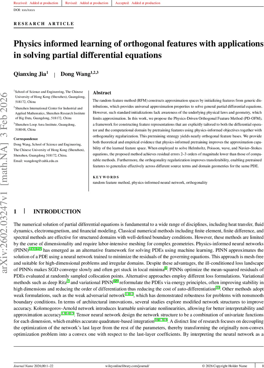 Physics informed learning of orthogonal features with applications in solving partial differential equations