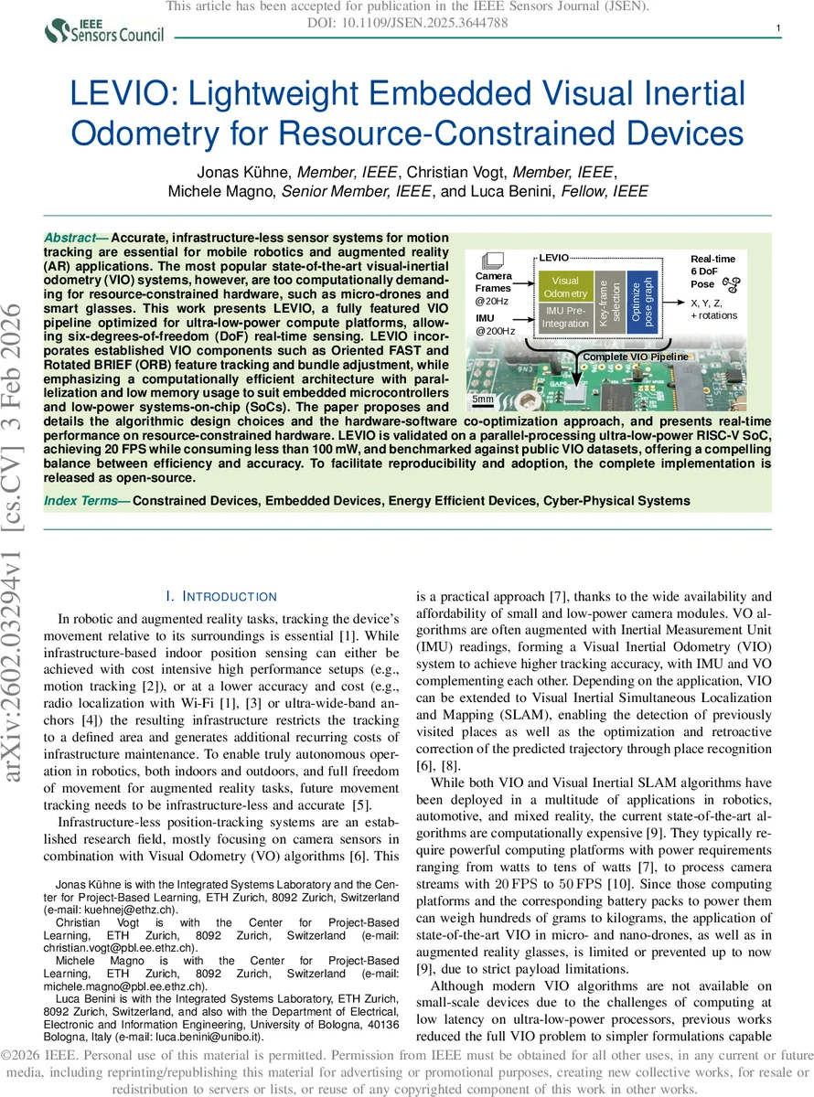 LEVIO: Lightweight Embedded Visual Inertial Odometry for Resource-Constrained Devices