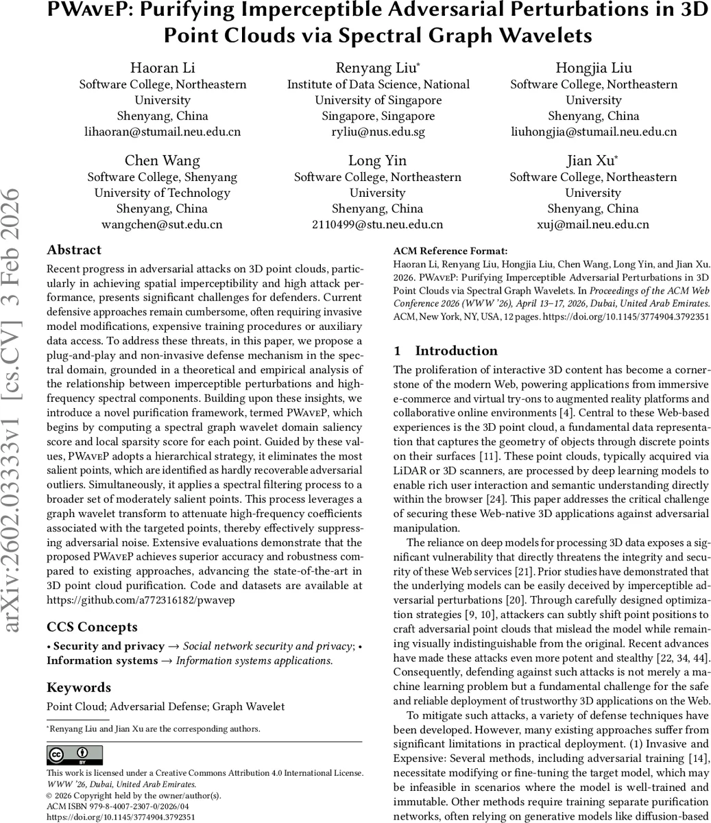 PWAVEP: Purifying Imperceptible Adversarial Perturbations in 3D Point Clouds via Spectral Graph Wavelets